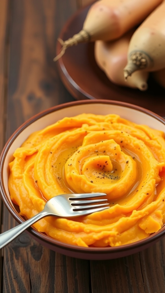 Creamy mashed yams in a bowl, garnished with pepper and olive oil, on a rustic table.